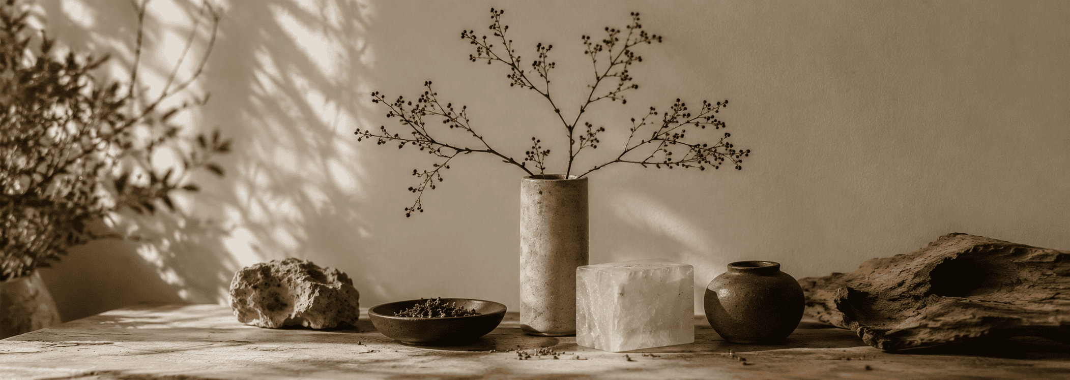 Botanical materials on a quiet tabletop, introducing ZendoDream guidance for scent duration, usage, shipping, and care.