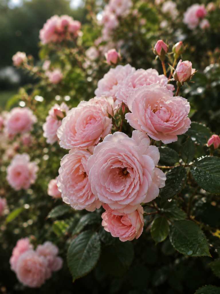 Pink flowers blooming among green leaves, expressing the light and bright quality of floral plant aroma.