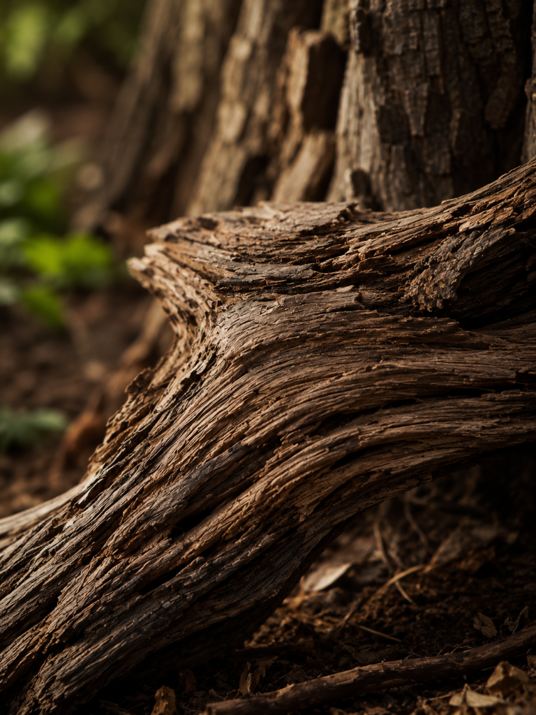 Close-up of bark and wood texture, expressing the slow and grounding character of wood aroma.