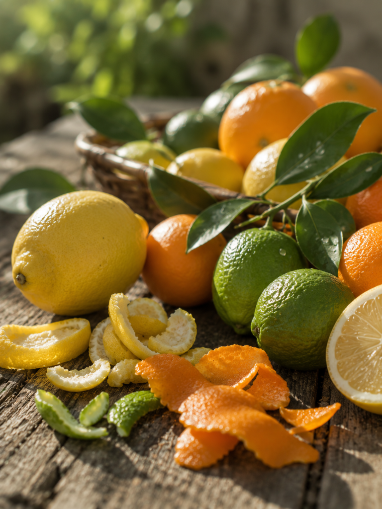 Ripe citrus fruit and peel in natural light, expressing the bright and airy quality of peel aroma.