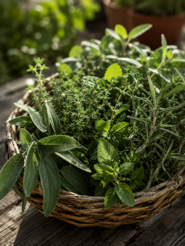 Green herbs and leaves growing in natural light, expressing the fresh texture of herbal plant aroma.