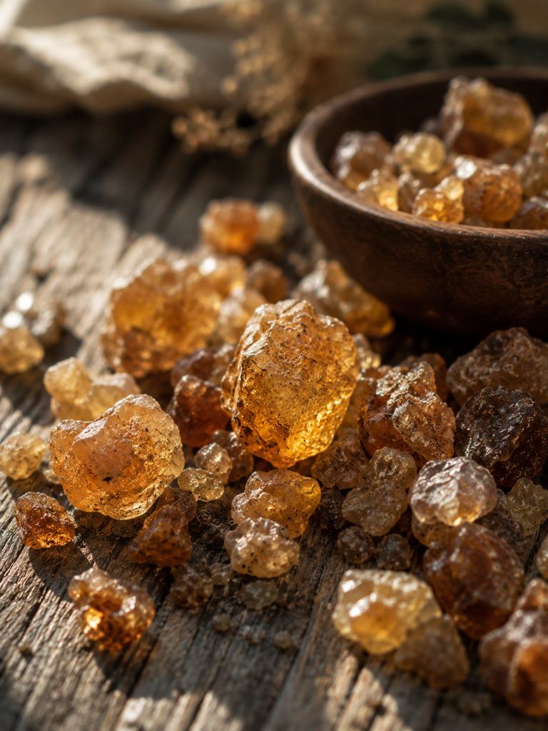 Amber resin pieces and aromatic material, expressing the warm and lasting quality of resin aroma.