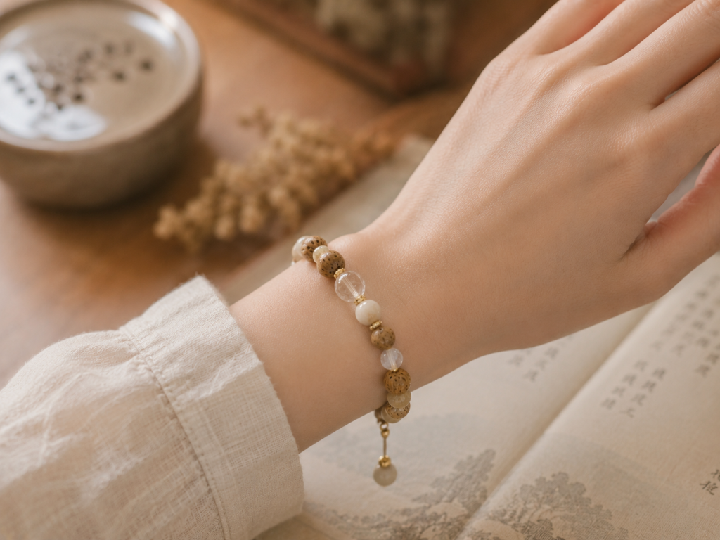 Incense beads arranged as a wearable botanical scent object.