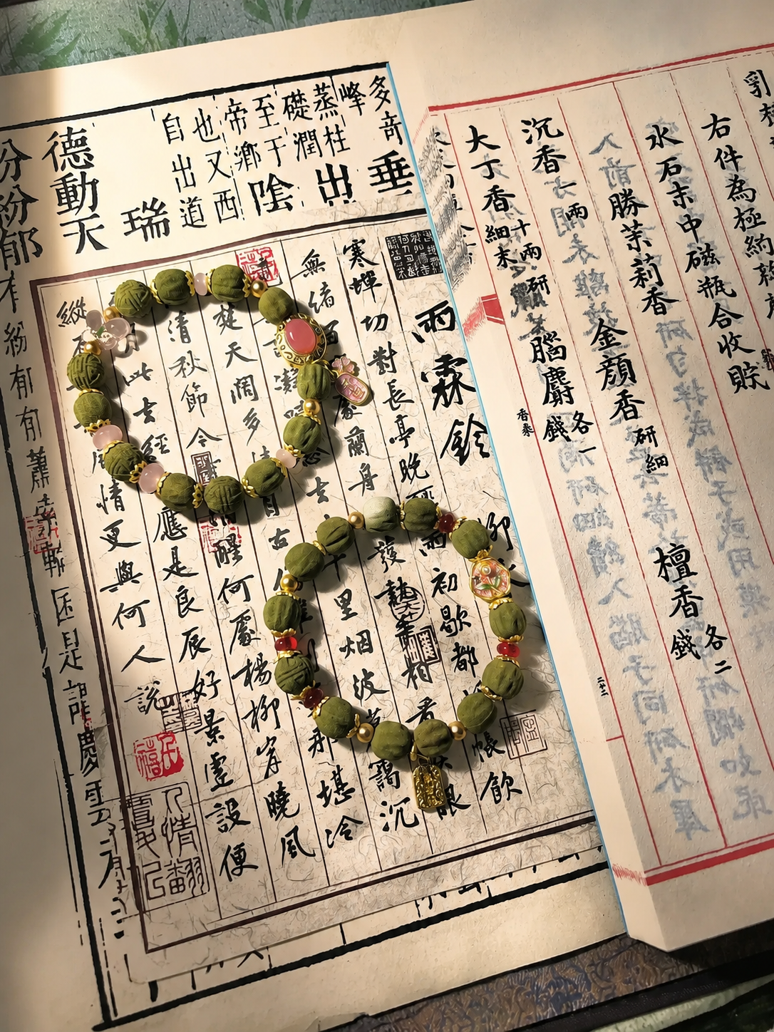 Two incense bead bracelets placed on a classical text, representing wearable botanical scent in the ZendoDream shop menu.