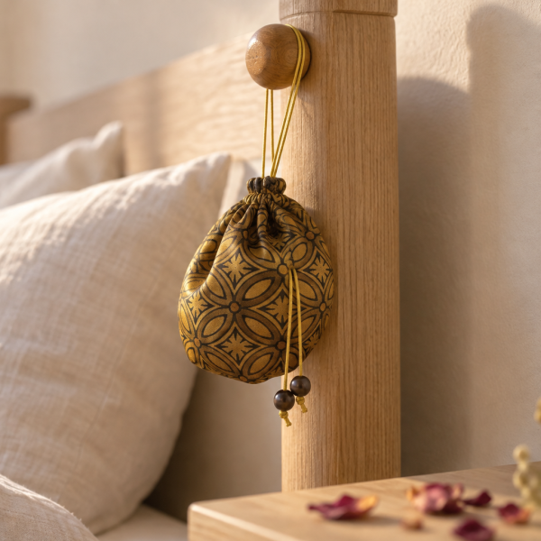 Singular Rose · Carried — by the bed Herbal sachet in a patterned silk pouch hanging from a wooden bedpost beside a linen pillow