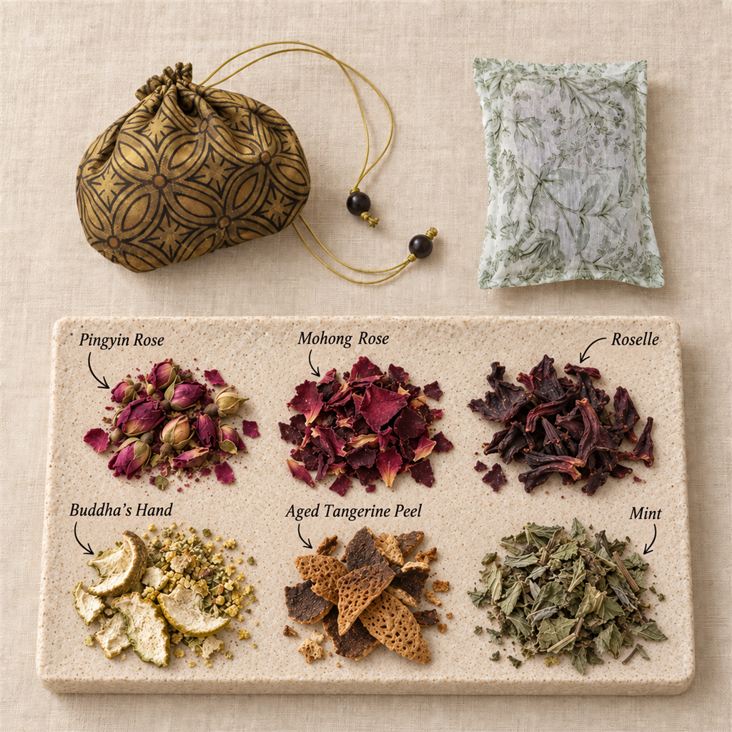 Herbal sachet pouch and inner pouch above six labeled botanicals on a stone tray