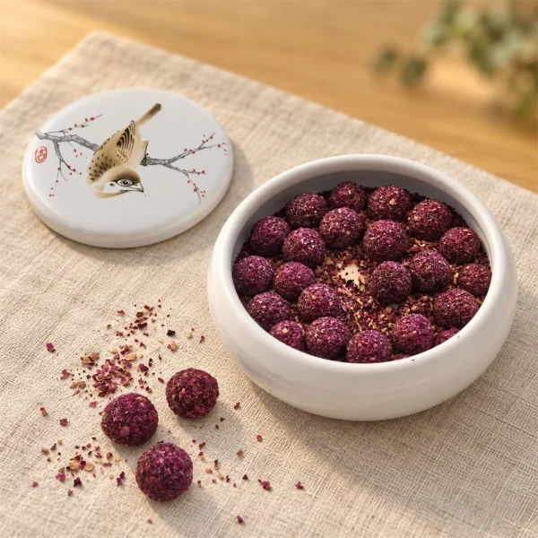 Rose incense pellets in a white porcelain jar, its bird-painted lid beside it on linen