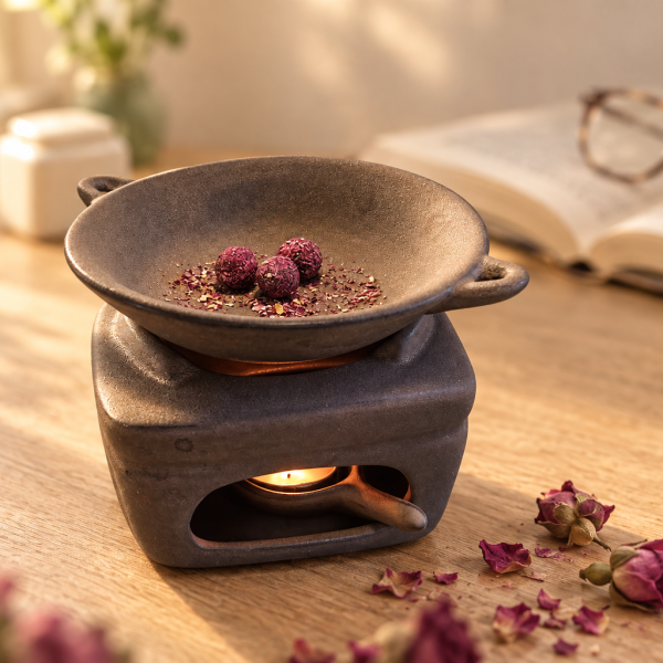 Singular Rose · Heated — on the desk Three rose incense pellets on a tealight incense burner on a wooden desk beside an open book