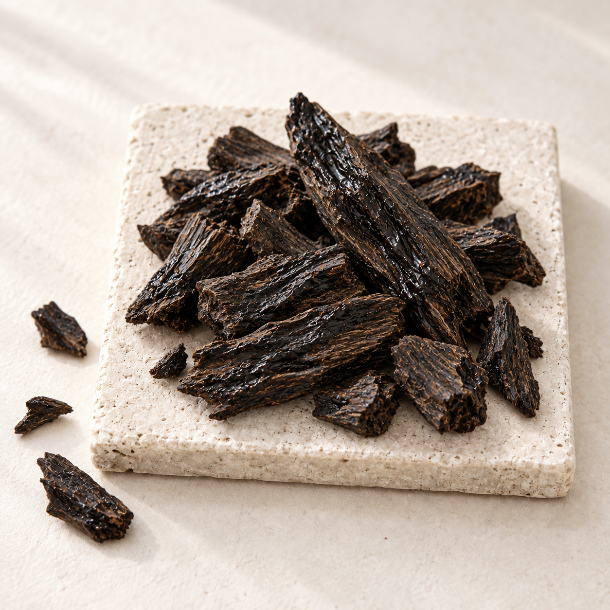 Dark agarwood chunks with visible resin streaks, piled on a speckled stoneware plate