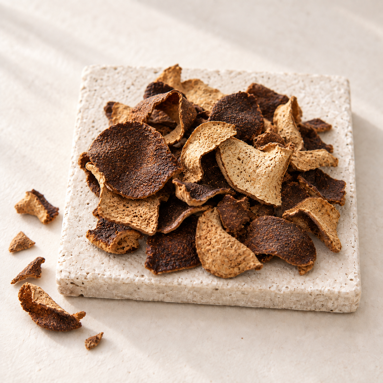 Curled pieces of aged tangerine peel, dark brown outside and tan inside, on a stoneware plate