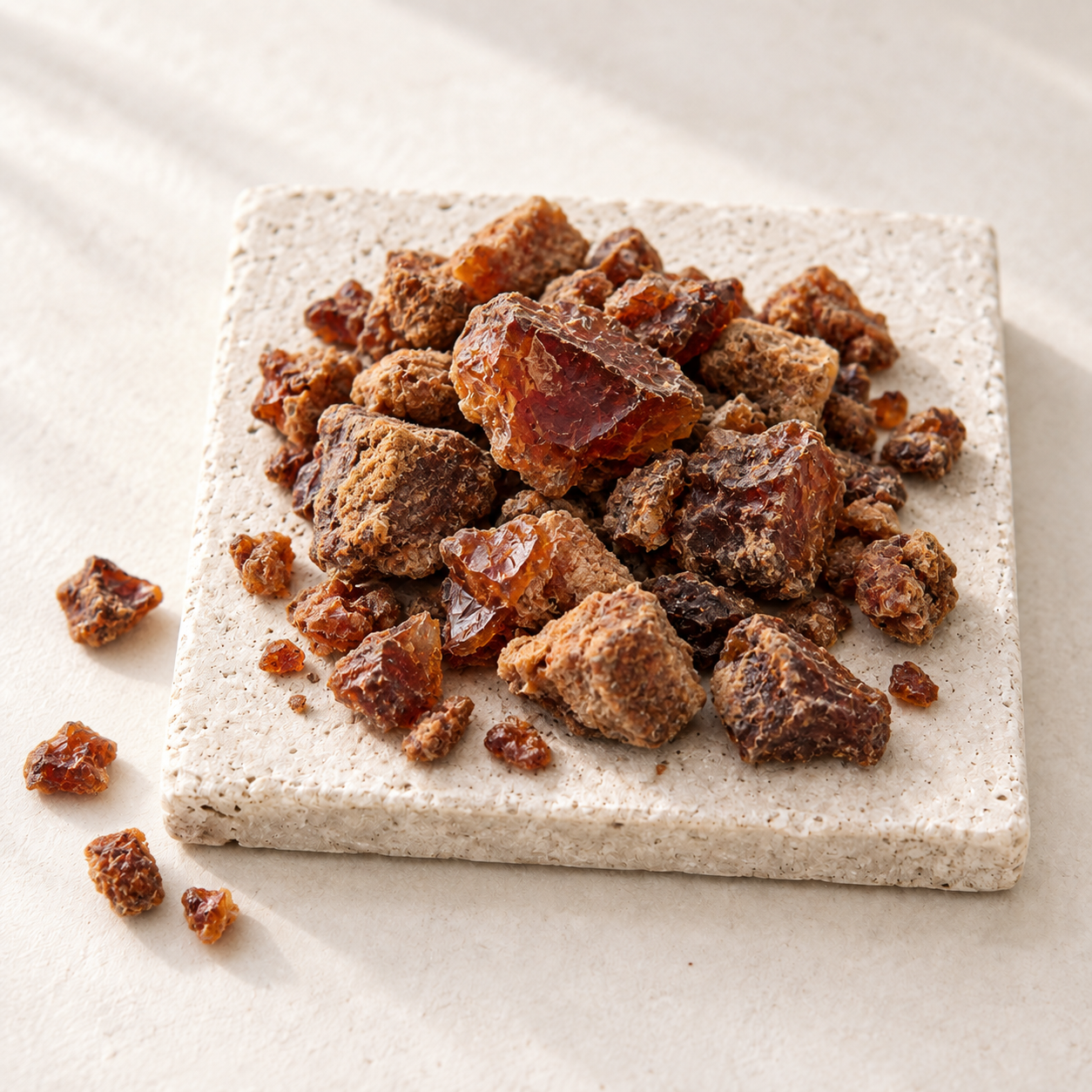 Reddish-brown benzoin resin lumps with a glossy broken surface on a speckled stoneware plate