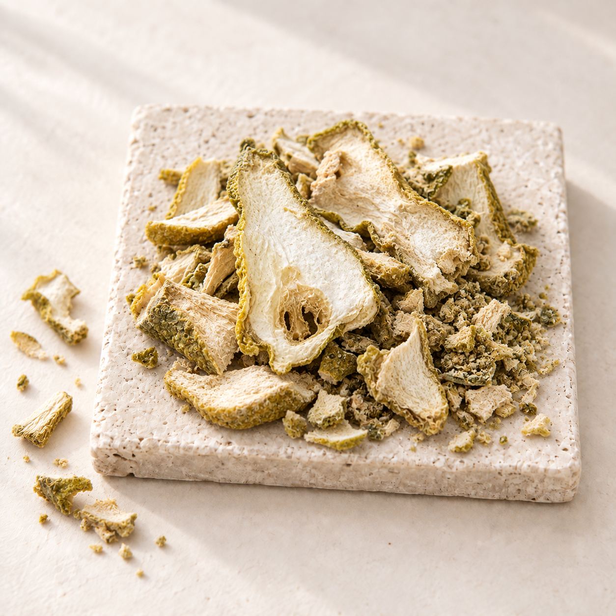Dried Buddha's hand slices with yellow-green rind and crushed pieces on a speckled stoneware plate