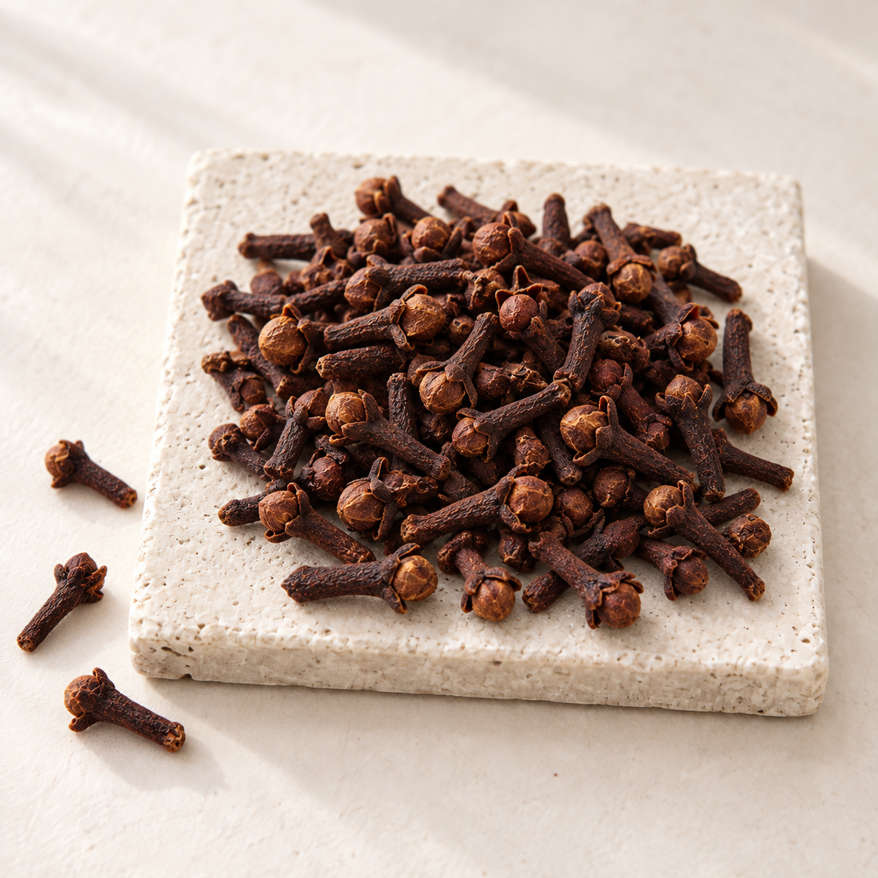 Dried clove buds, small and nail-shaped, piled on a speckled stoneware plate