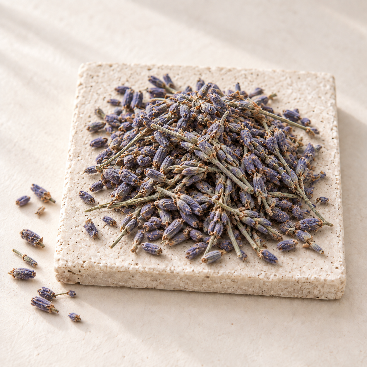 Dried gray-violet lavender buds on thin stems, piled on a speckled stoneware plate