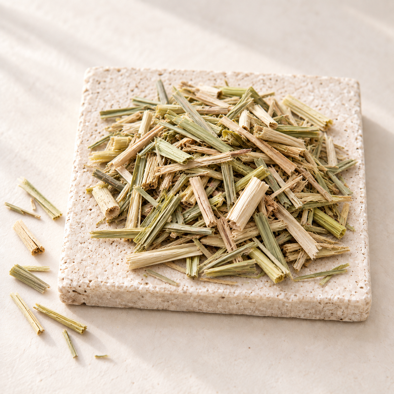 Pale straw-yellow pieces of dried lemongrass stalk on a speckled stoneware plate