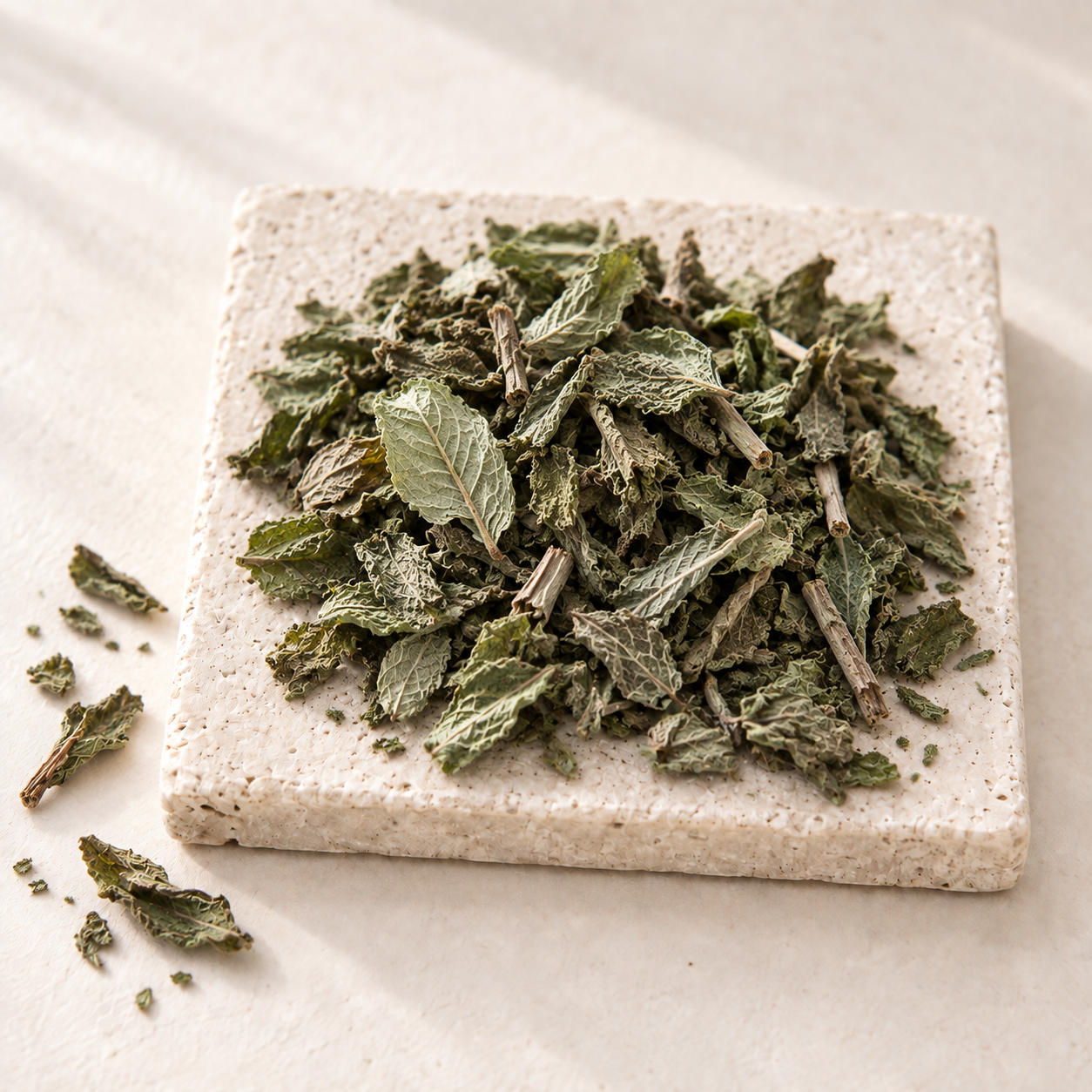 Crinkled gray-green dried mint leaves with short stems on a speckled stoneware plate