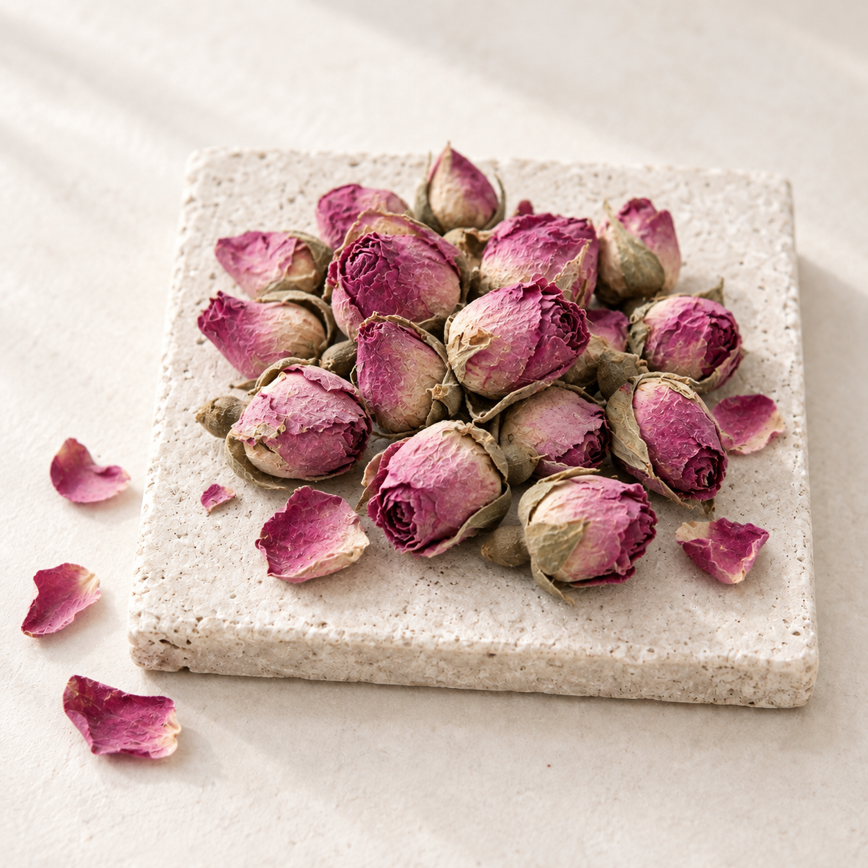 Pink dried Pingyin rose buds, round and intact, on a speckled stoneware plate