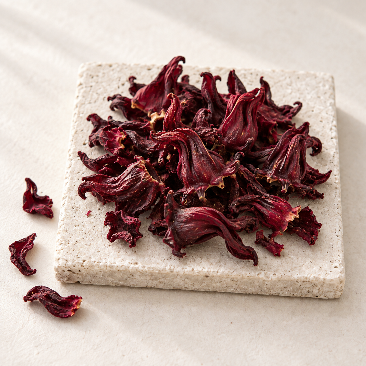 Deep red dried roselle calyces piled on a speckled stoneware plate