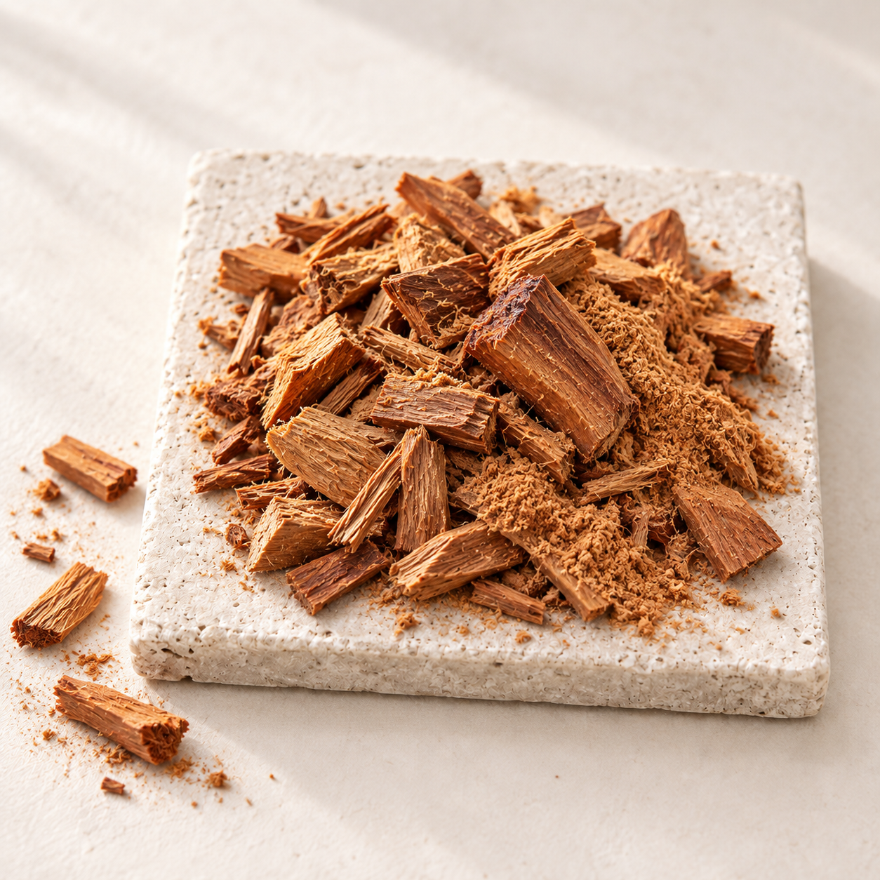 Golden-brown sandalwood chips and fine sandalwood powder on a speckled stoneware plate