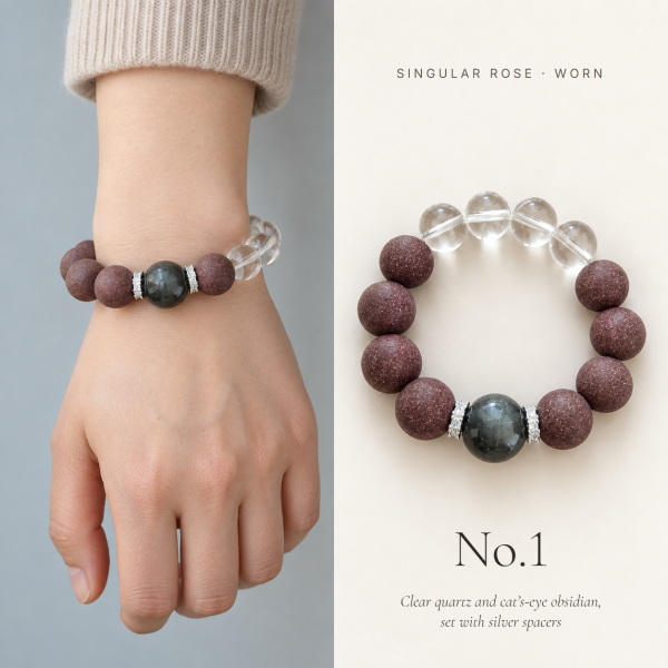 A wrist wearing a rose incense bead bracelet with clear quartz, beside the same bracelet laid flat
