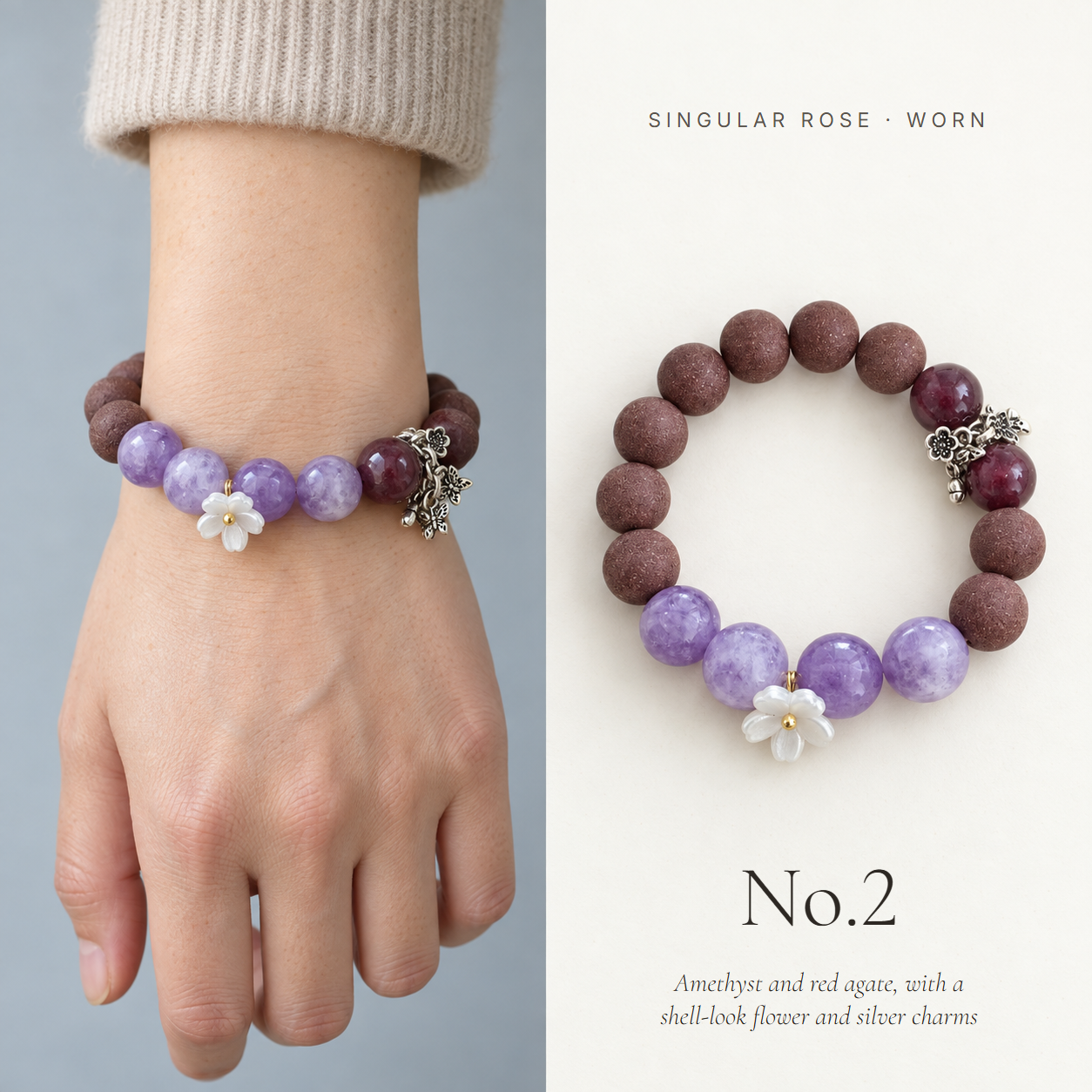 A wrist wearing a rose incense bead bracelet with amethyst and a white flower, beside it laid flat