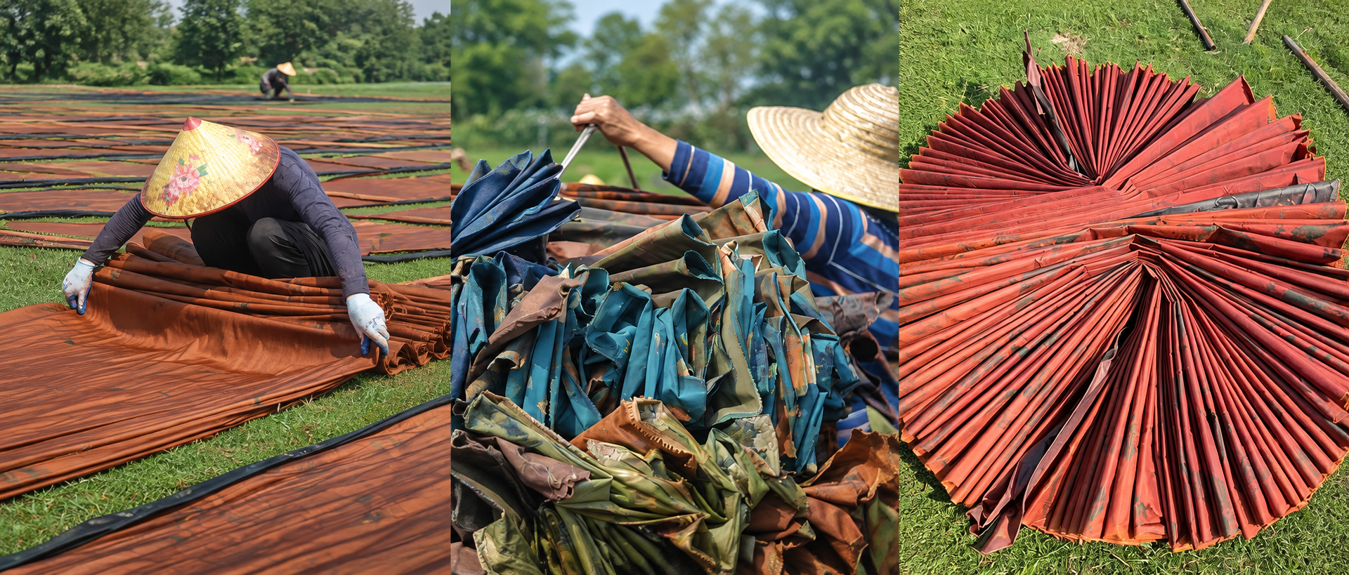 Workers spreading and lifting dyed xiangyunsha cloth on grass, and rust-red cloth fanned out to dry