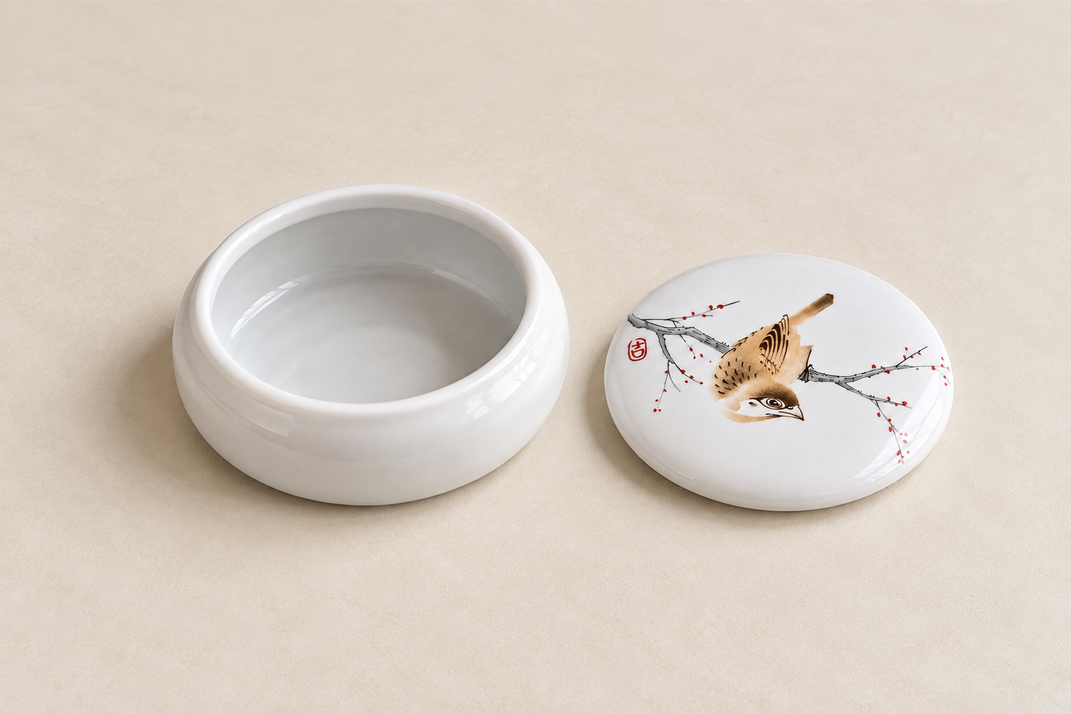 An empty white porcelain jar beside its lid painted with a small bird on a branch