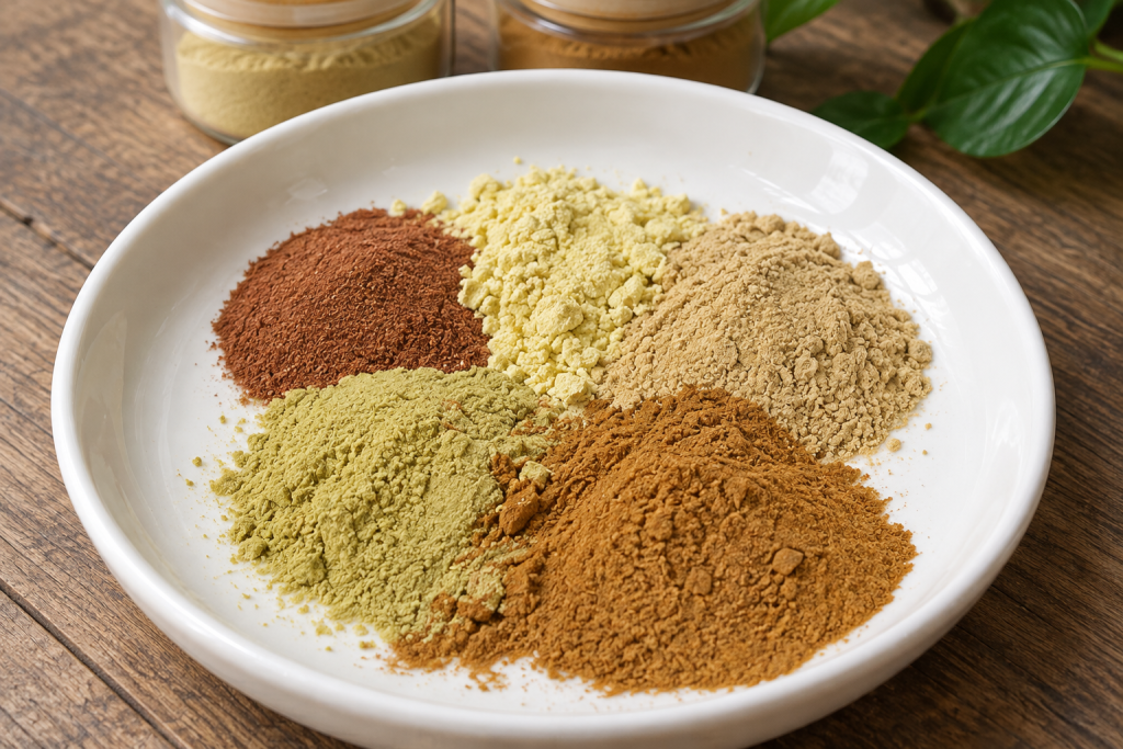 A white dish holding five mounds of ground botanical powders in red-brown, yellow, tan and green