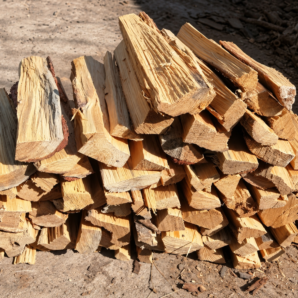 Stacked split logs of pale wood on bare ground in sunlight