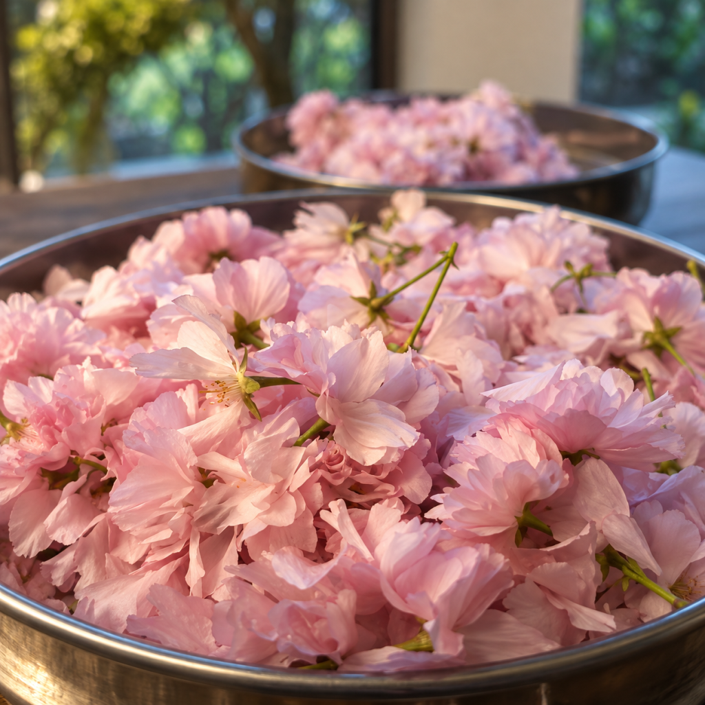 Metal bowls heaped with fresh pink cherry blossoms on a table