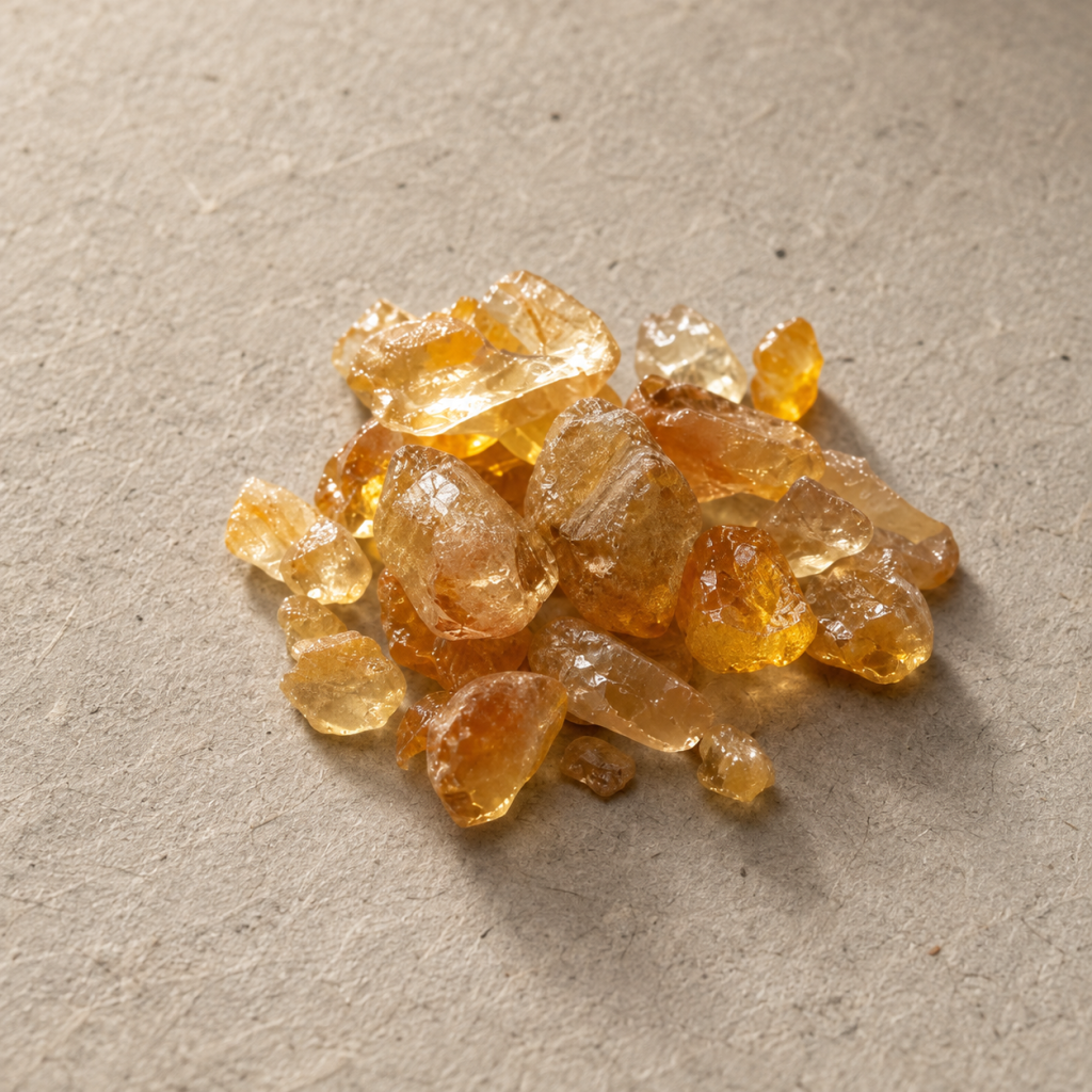 A small pile of translucent amber resin pieces on a sandy surface