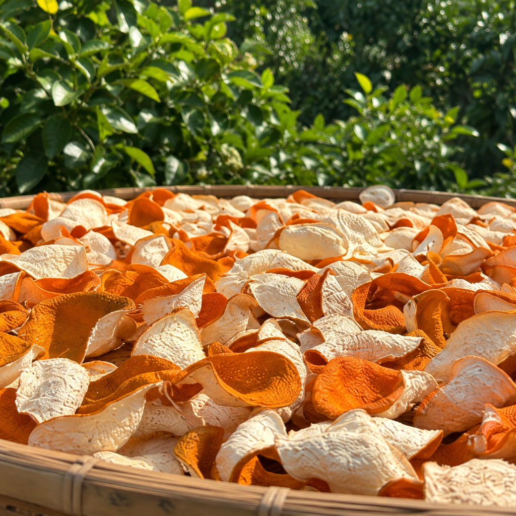 Citrus peel drying in the sun on a large bamboo tray