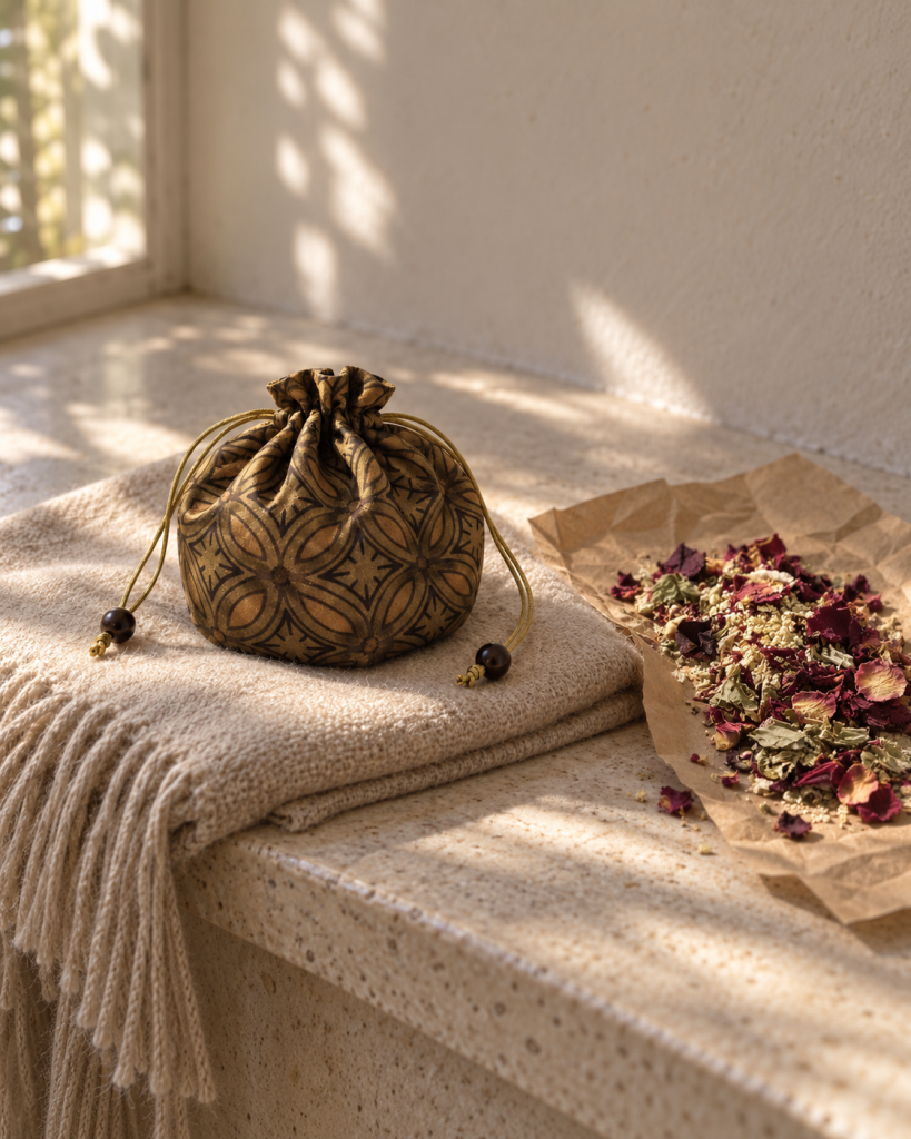 Herbal sachet in a patterned silk pouch on a folded throw beside dried rose petals in sunlight