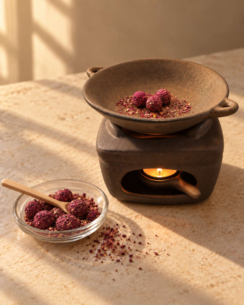 Rose incense pellets on a tealight incense burner, more pellets in a glass bowl beside it