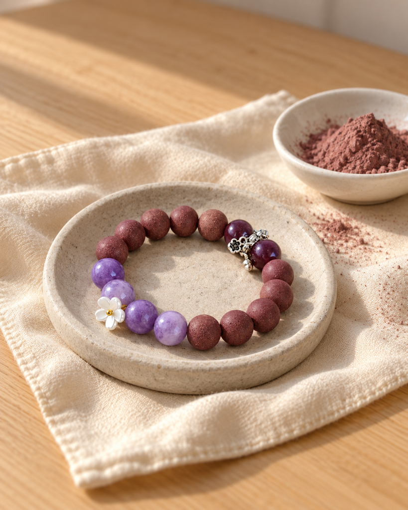 Rose incense bead bracelet with amethyst and a white flower on a stoneware dish, rose powder beside it