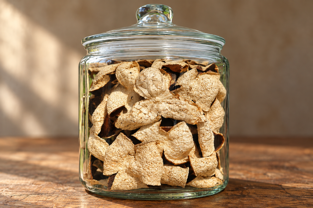 A lidded glass jar of dried, curled citrus peel on a wooden table in window light