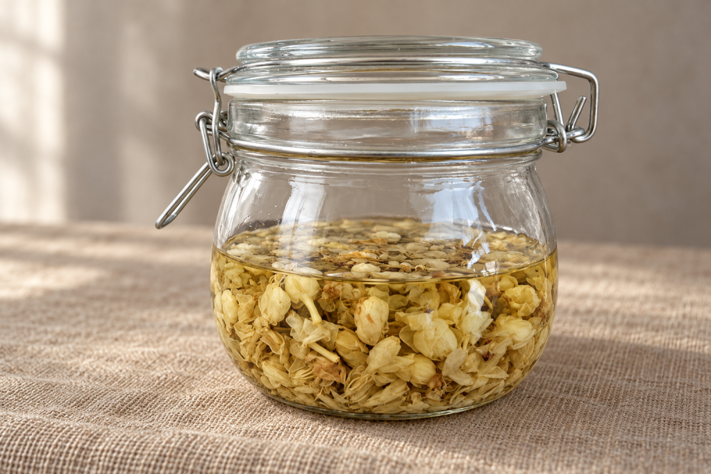 A clip-top glass jar of small pale blossoms steeping in clear liquid on woven linen