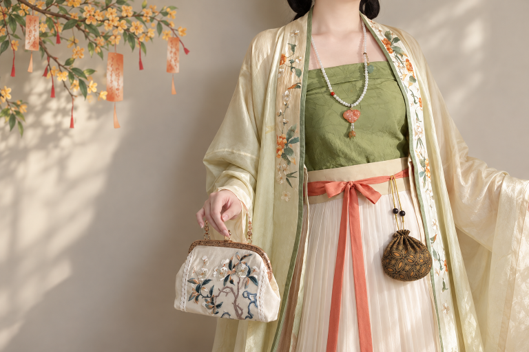 A woman in hanfu with a small patterned drawstring sachet hanging from her waist sash, holding an embroidered handbag