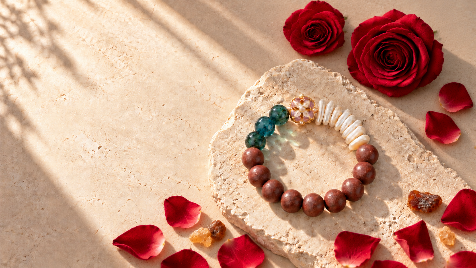 Incense bead bracelet with teal beads and white shell on a pale stone slab, surrounded by red roses