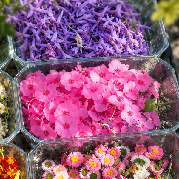 Clear trays of purple flowers, pink phlox and pink daisies seen from above