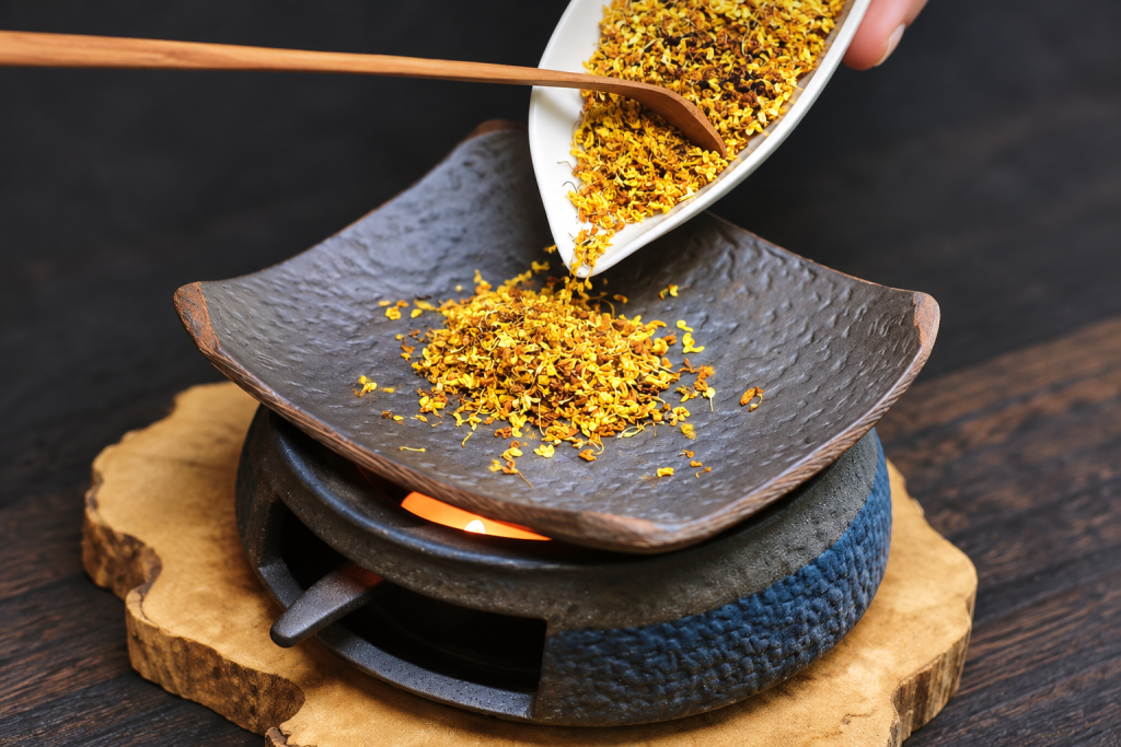 Dried osmanthus poured onto a hammered metal tray warming over a small burner
