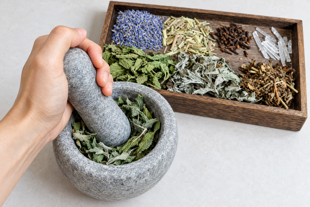 A hand grinding dried herbs in a stone mortar beside a tray of lavender, mint and other botanicals