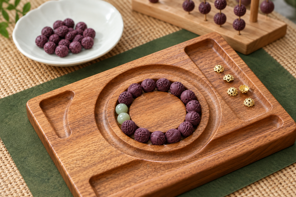 Incense beads laid in a wooden bead tray, with a dish of rolled beads and a bead stand behind