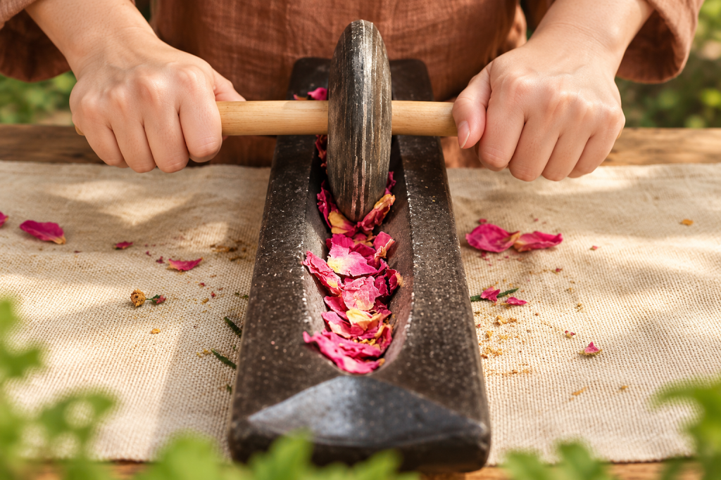 Two hands push a stone wheel along a grinding trough full of rose petals
