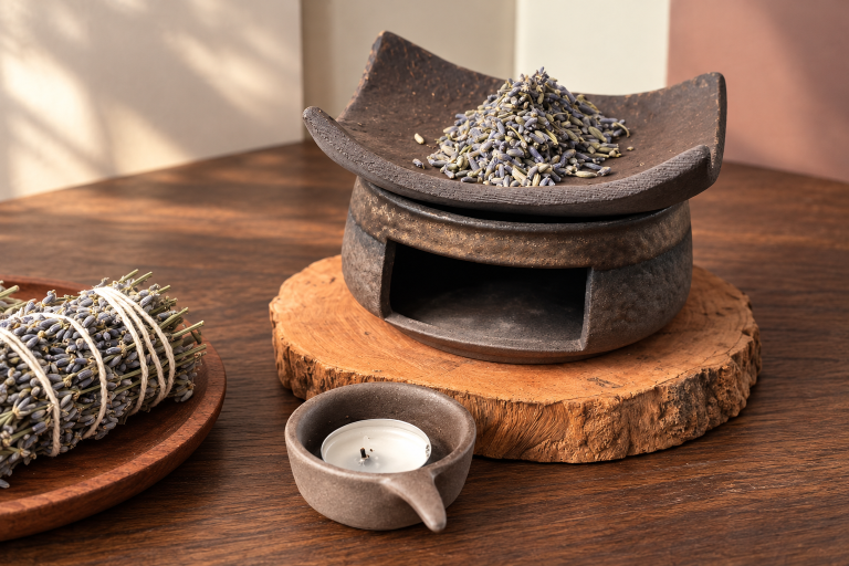 Dried lavender in a dark stoneware warmer on a wood slice, with a tealight cup and a lavender bundle