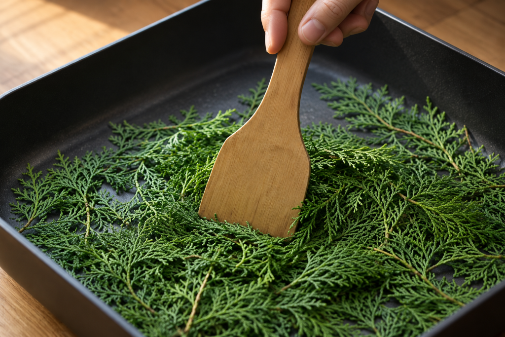 A wooden spatula turning fresh green cypress sprigs in a shallow dark pan