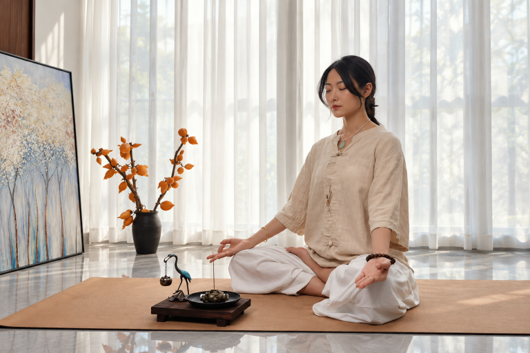 A woman meditating cross-legged on a mat in a bright room, beside a small incense holder on a wooden stand
