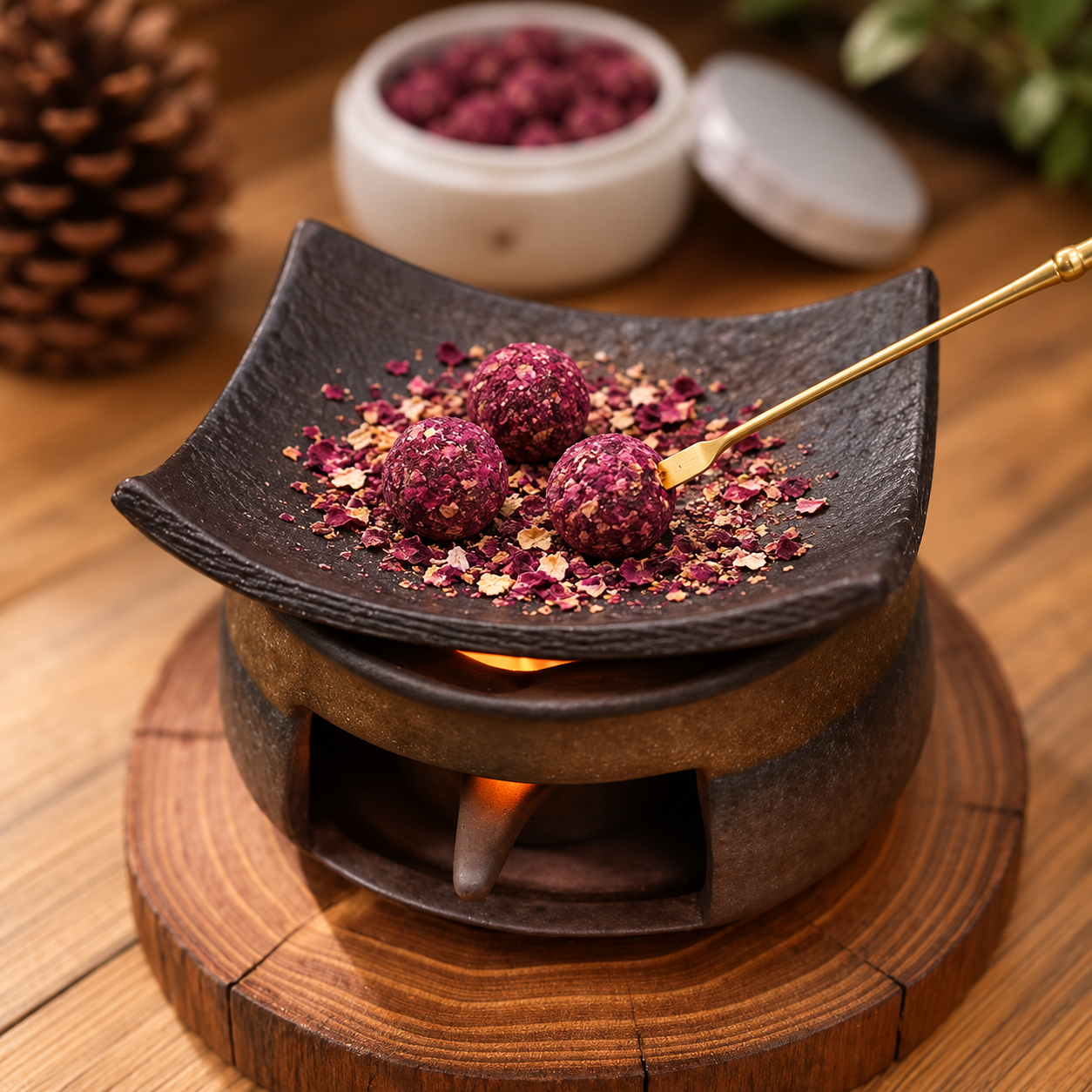 Rose incense pellets warming on a dark stoneware tray over a small burner, a gold spoon and a jar behind