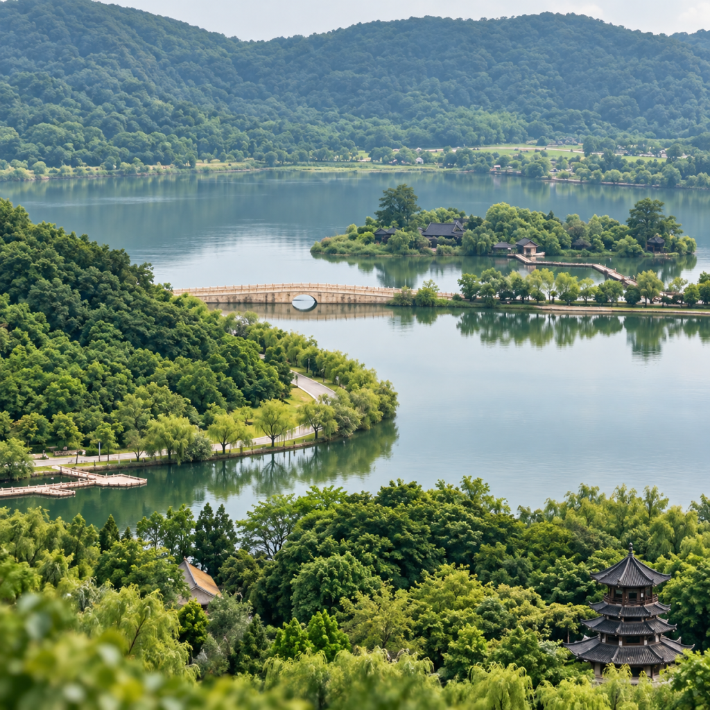 A lake with a small wooded island and a stone bridge, a pagoda among the trees in front