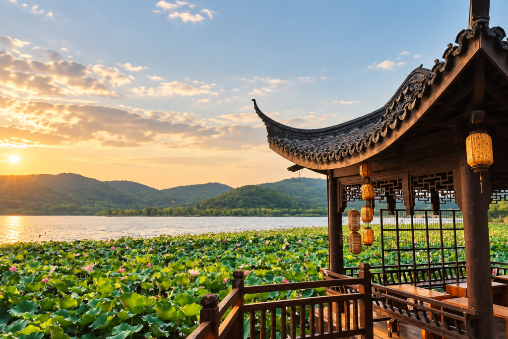 A wooden pavilion with red lanterns over a lotus pond, the lake and hills at sunset